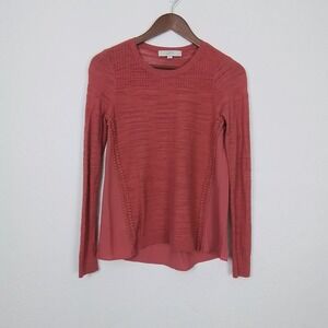 LOFT Petites XXS Blouse Pink Textured Knit Chiffon Back Long Sleeve Cotton Blend